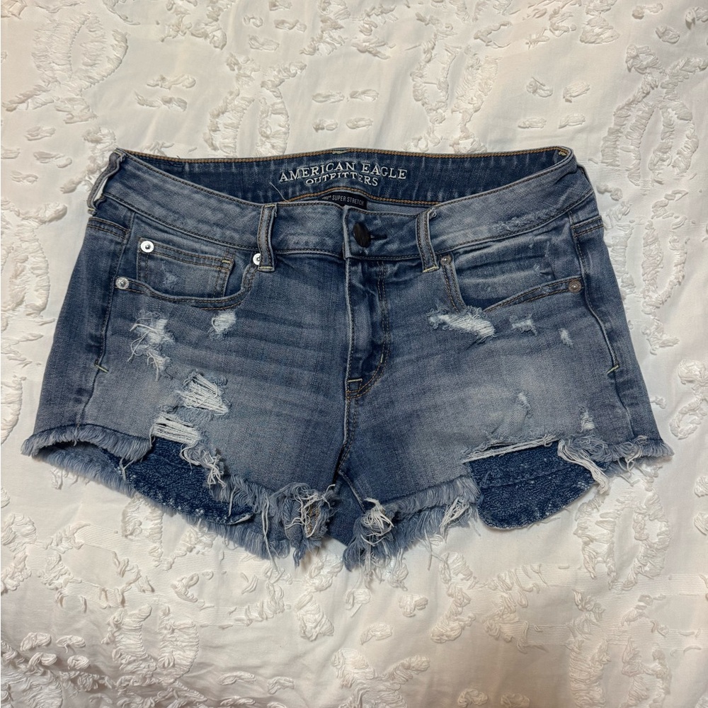 American Eagle Outfitters Blue Jean Shorts with Frayed Hem and Distressing